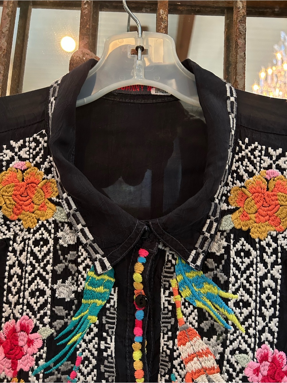 Johnny Was Black Tunic with Multicolor Floral & Bird Embroidery - Picture 2 of 10